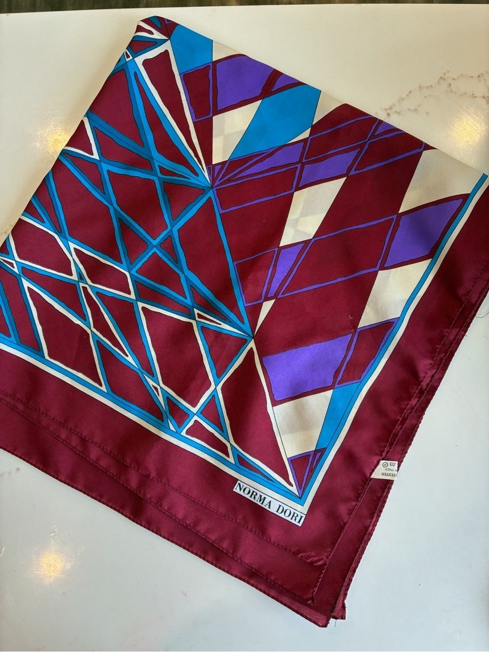 Norma Dori Geometric Silk Scarf in Burgundy, Blue & Purple
